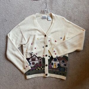 Vintage cottagecore embroidered cottage floral knit cardigan sweater ivory